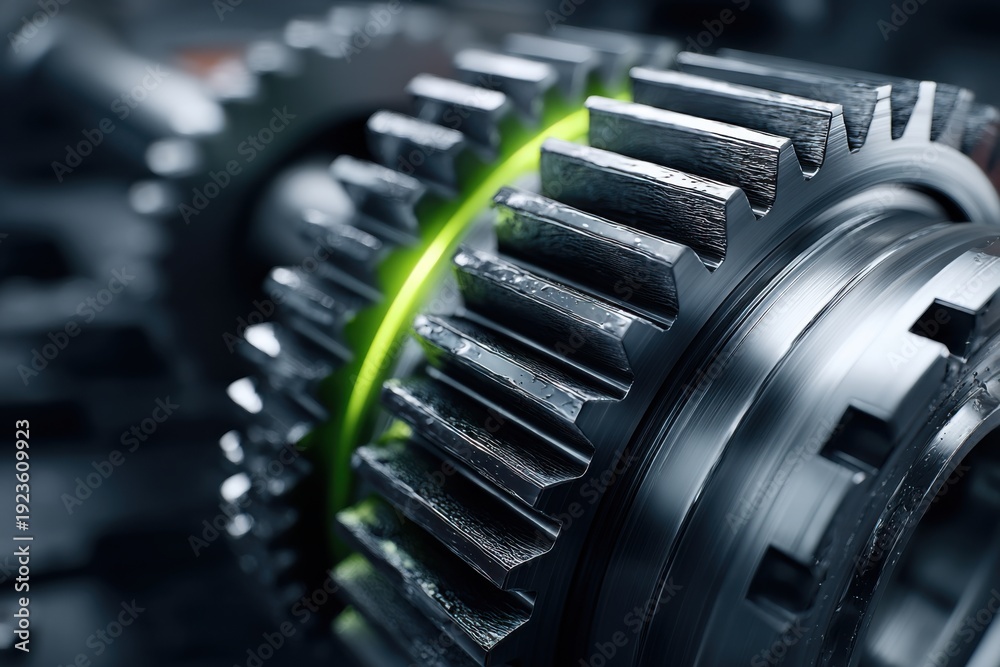 Fototapeta premium Precision Engineering: Gears with Luminous Green Detail generated by AI