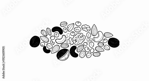 An artistic arrangement of various nuts and dried fruits in black and white