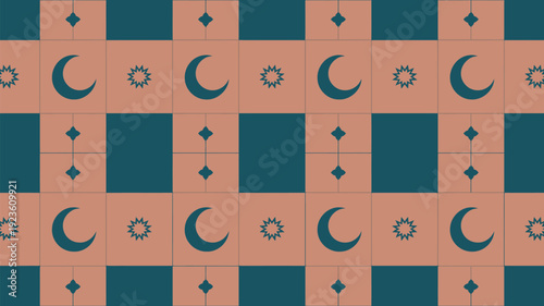 A seamless geometric pattern features crescent moons, stars, and abstract diamond shapes arranged on alternating terracotta and dark blue tiles.
