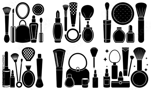 Collection of beauty and makeup items arranged in four distinct sets with various cosmetic tools and accessories