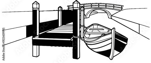 Black and white illustration of a boat tied to a dock under a bridge