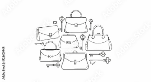 An artistic sketch displays an arrangement of various handbag styles and ornate keys