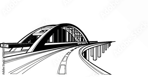 An artistic sketch of a large arched bridge with curving roadways below