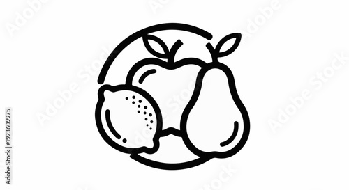 Black and white line art icon of an apple, pear, and lemon