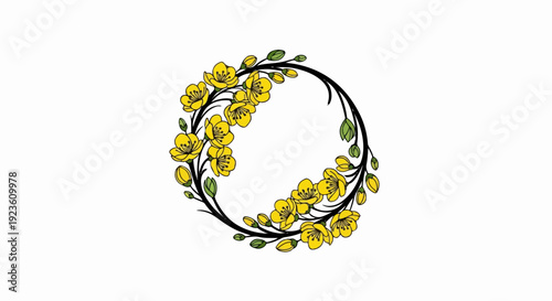 Delicate circle of yellow blossoms and buds on black branches