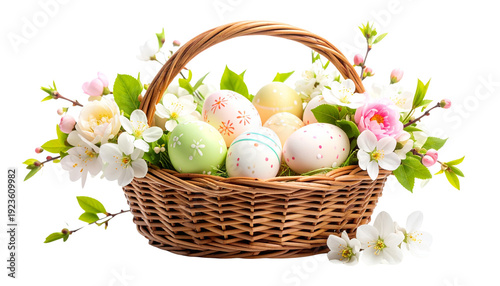 Wallpaper Mural wicker basket with easter eggs and flowers, isolated on transparent background. Torontodigital.ca