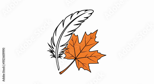 An autumn leaf and a quill pen drawn together on a white background