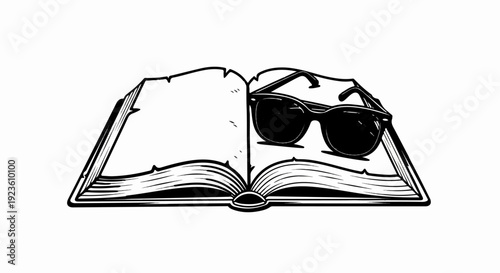 An open book with sunglasses resting on its pages, in a stylized drawing