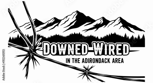 Black and white graphic of mountains, trees, and barbed wire with text