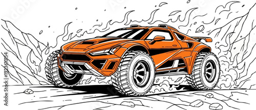 An orange off-road vehicle races through a rocky landscape with flames