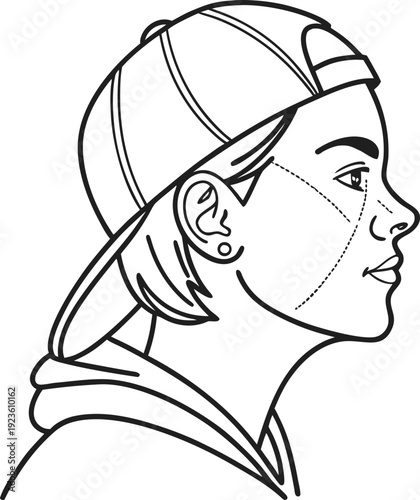 A person wearing a hair cap and headband with an earring in profile view