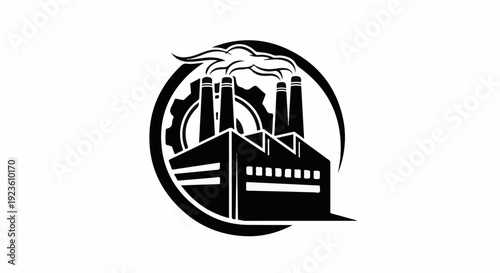 Black and white graphic of an industrial factory with smokestacks and a gear