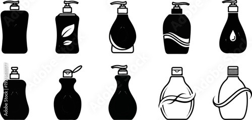 Collection of diverse dispensing bottles for liquids, various shapes and closures