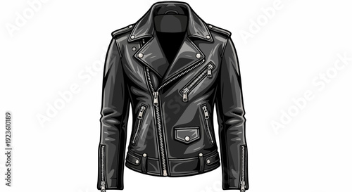 Black leather motorcycle jacket with silver zippers and snap buttons