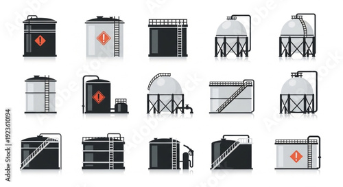 Various industrial storage tanks for oil and gas, representing energy and industry.