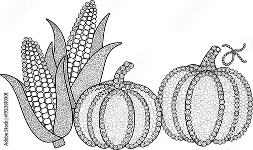 Decorative pumpkins and corn stalks with circular patterns in monochrome