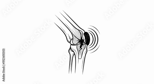 Anatomical illustration of a damaged knee joint with radiating pain waves