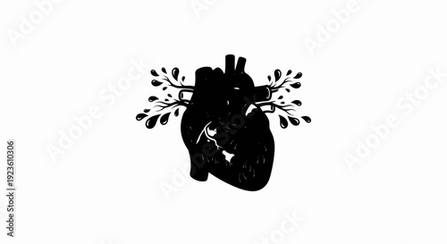 Anatomical heart with branches and leaves growing outwards
