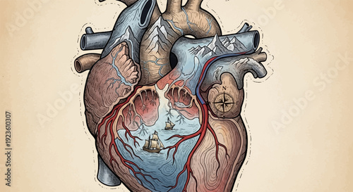 Anatomical heart transformed into a surreal landscape with ships