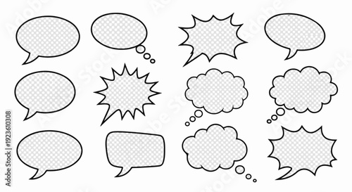 Collection of diverse comic book speech and thought bubbles with transparent backgrounds