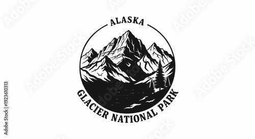 Black and white emblem of majestic mountains reflected in water with trees