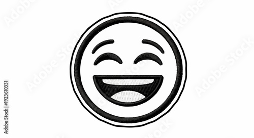 Black and white embroidered icon of a laughing emoji with eyes closed