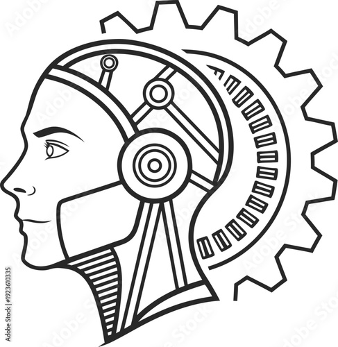 Cybernetic human head with mechanical gear and headphones integrated into the skull