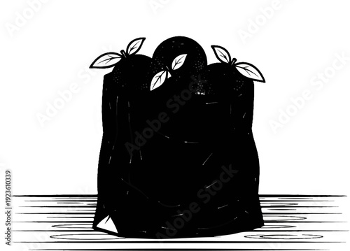 Black and white drawing of three scoops of ice cream with mint leaves on a table