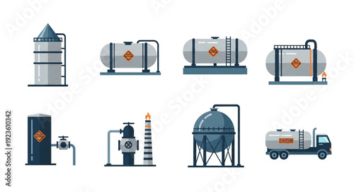 Various industrial storage tanks and transportation vehicles for hazardous materials.