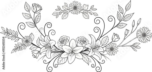 Decorative floral arrangement with roses, lilies, daisies, and leaves