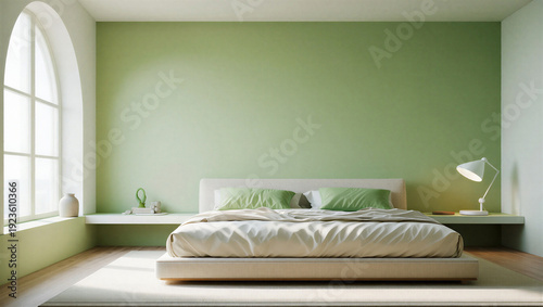 Cuadro en lienzo Serene bedroom with a light green accent wall, modern platform bed, and arched window