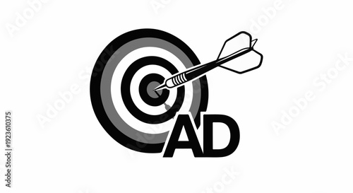 Dartboard with dart mid-flight pointing towards the center bullseye and letter AD