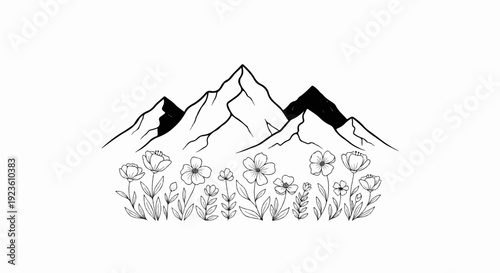 Black and white drawing of mountains and wildflowers