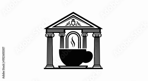 Ancient columns framing a steaming coffee cup beneath an archway