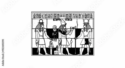 Ancient Egyptian figures with hieroglyphs and headdresses on a pedestal