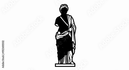 Ancient statue silhouette with drapery and laurel crown, on a pedestal