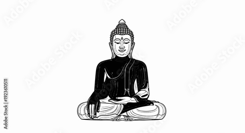 Black and white drawing of a seated Buddha with intricate details on his robes and headdress
