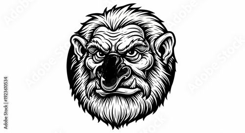 Black and white drawing of a scary creature's face with hairy mane and tusks