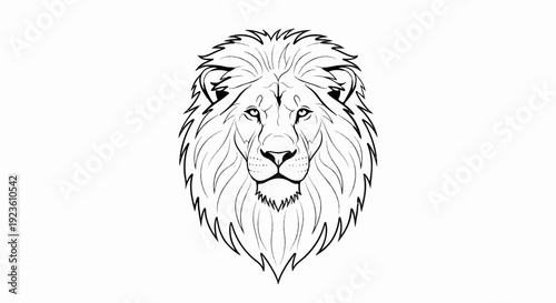 Black and white drawing of a regal lion head with a full mane