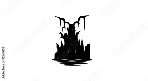 Dark, abstract waterfall silhouette with jagged rocks