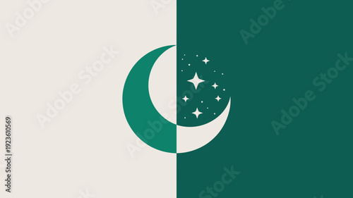 An elegant crescent moon with sparkling stars is creatively divided into a green and a cream half, symbolizing duality or unity.