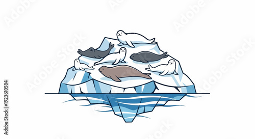 Cute seals lounge on a stylized, broken iceberg floating in icy water