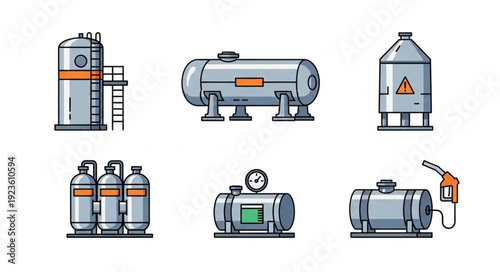Various industrial storage tanks and containers for fuel and liquids, vector illustration.