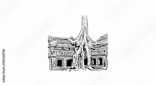 Ancient stone structure reclaimed by a large tree with massive roots