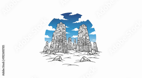 Ancient stone towers under a cloudy blue sky in a rocky desert
