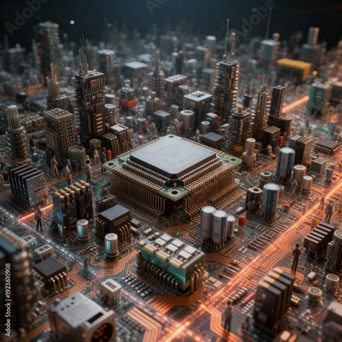 Futuristic Circuit City Microscopic Electronics Board With CPU Core And Miniature Workers Illuminated By Glowing Orange Trails