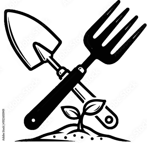 Crossed garden spade and fork with a seedling emerging from soil