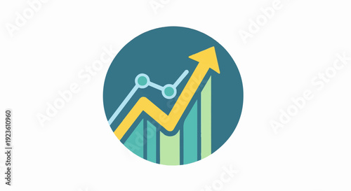 Animated circle graphic showing upward trend bars and a yellow arrow