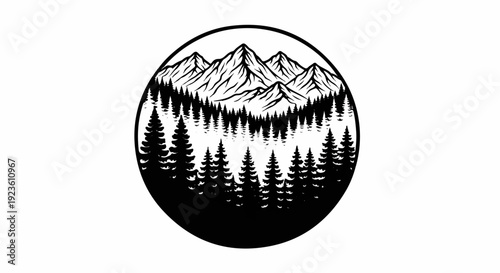 Black and white circular emblem featuring layered mountain peaks over a dense forest