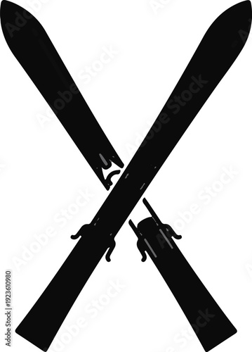 Crossed black skis with bindings, minimalist graphic illustration